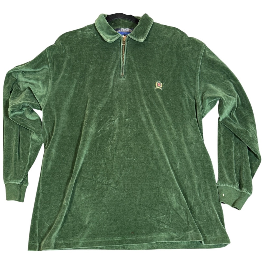 Vintage Tommy Hilfiger Quarter Zip Shirt Long Sleeve Green Velvet Logo Men L 1/4